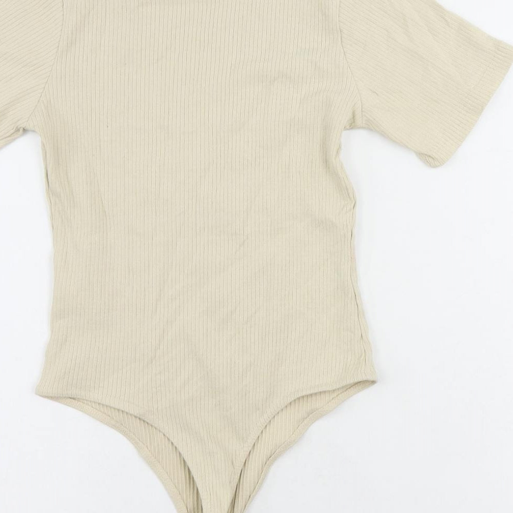 In the Style Womens Beige Cotton Bodysuit One-Piece Size 10 Snap - Ribbed