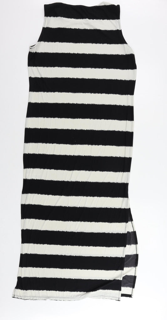 M&Co Womens Black Striped Polyester Maxi Size 16 Round Neck Pullover