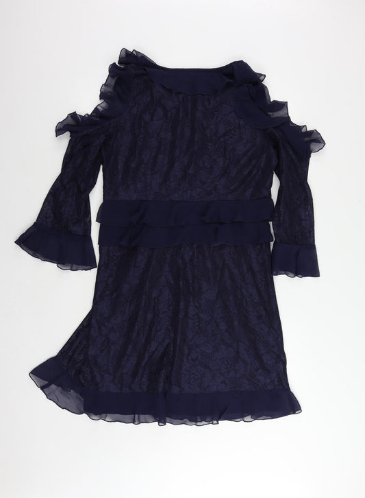 Very Womens Blue Floral Polyester A-Line Size 16 V-Neck Zip - Ruffle