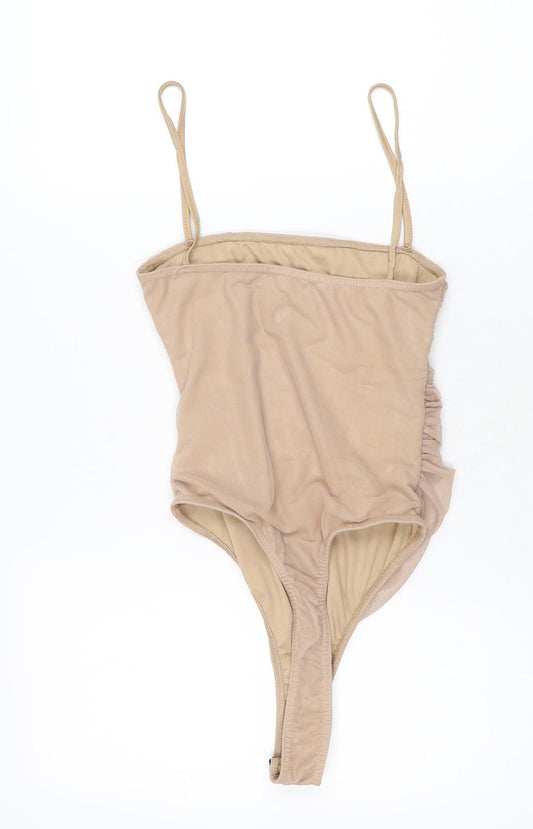 PRETTYLITTLETHING Womens Beige Polyester Bodysuit One-Piece Size 6 Snap