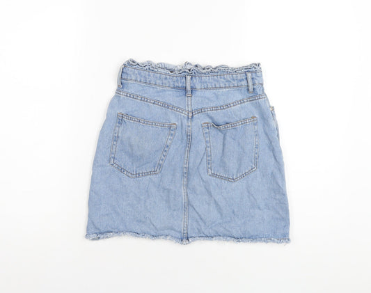 H&M Womens Blue Cotton A-Line Skirt Size 8 Zip - Paperbag Waist