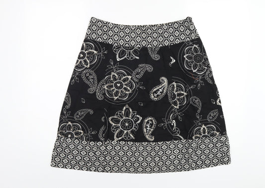 Debenhams Womens Black Geometric Cotton A-Line Skirt Size 10 Zip