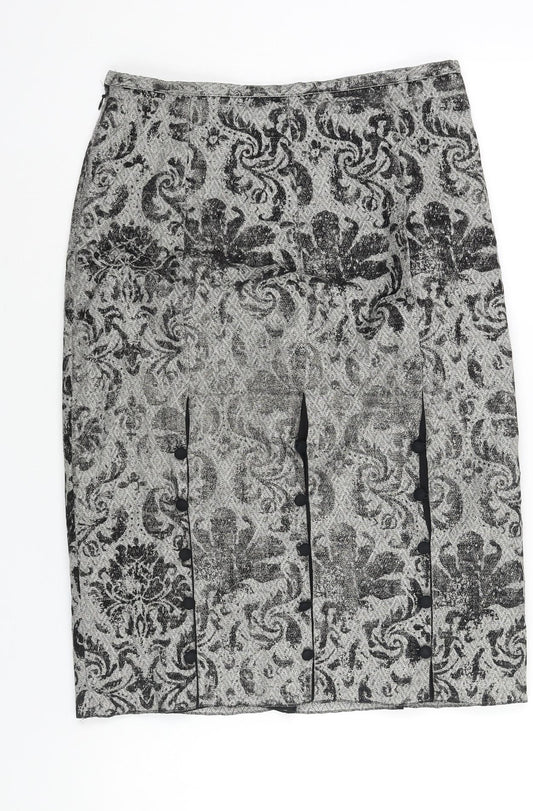 Per Una Womens Grey Geometric Polyester Straight & Pencil Skirt Size 8 Zip - Buttoned Pleat Detail