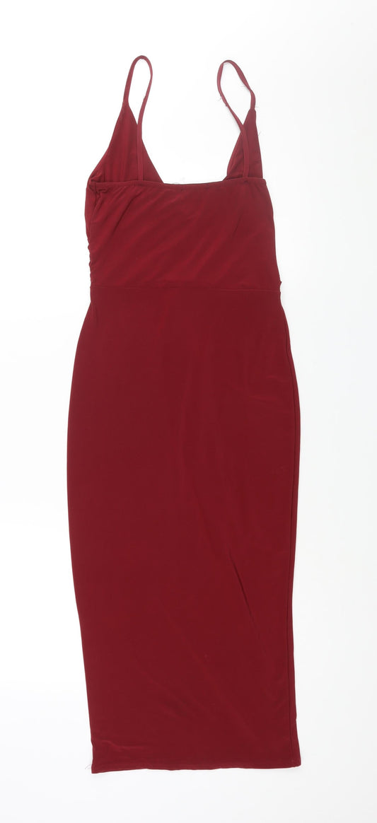 PRETTYLITTLETHING Womens Red Polyester Pencil Dress Size 8 V-Neck Pullover