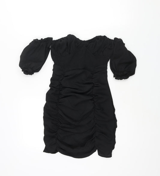 Additional front view of In the Style women’s black polyester mini, size UK 4, off the shoulder zip - rouched