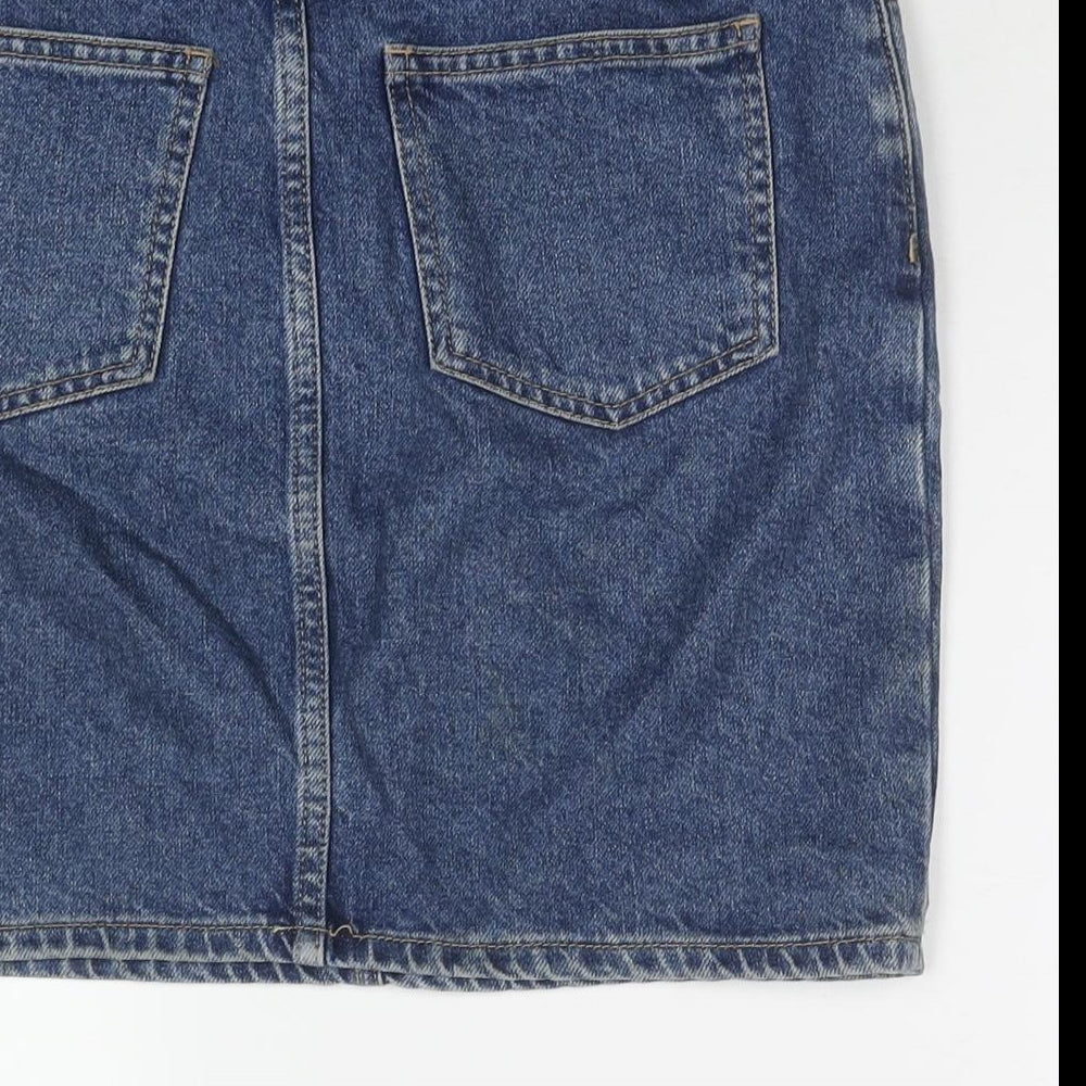 Brand and care label for BDG women’s blue cotton mini skirt, size S, zip