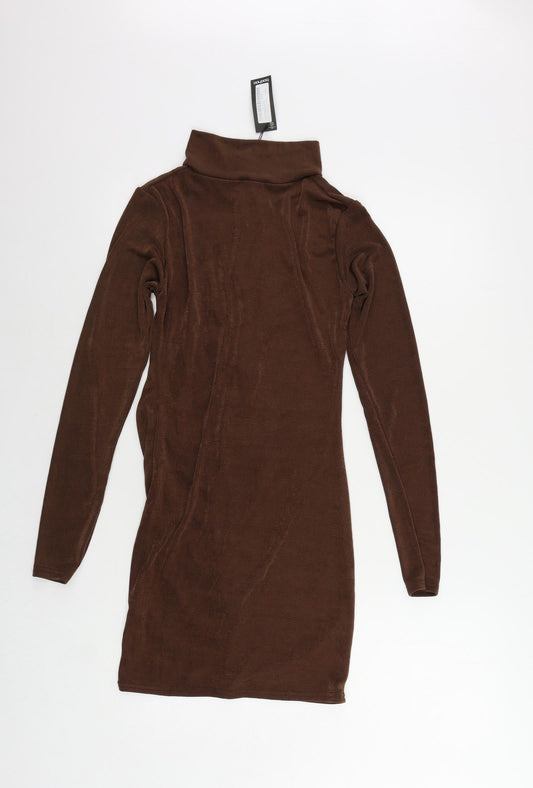 Boohoo Womens Brown Polyester Bodycon Size 10 Collared Button - Ruched
