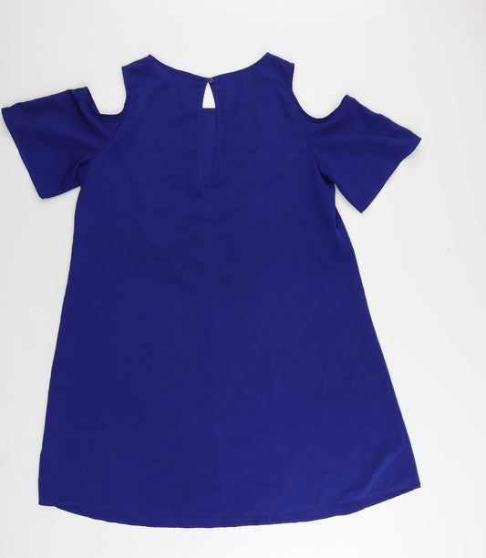 Marks and Spencer Womens Blue Polyester A-Line Size L Boat Neck Button - Cold Shoulder