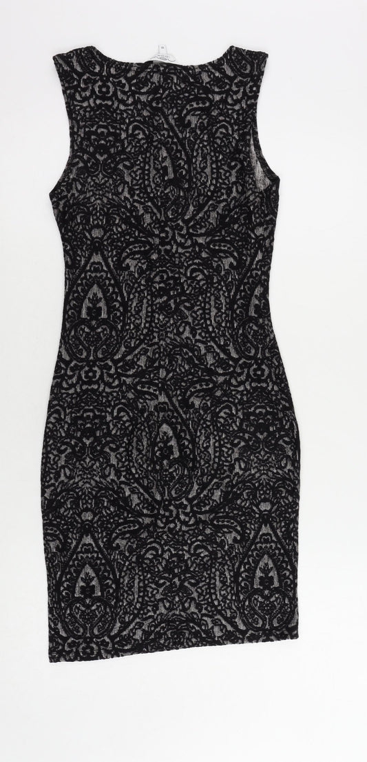 New Look Womens Black Geometric Viscose Bodycon Size 10 Boat Neck Pullover
