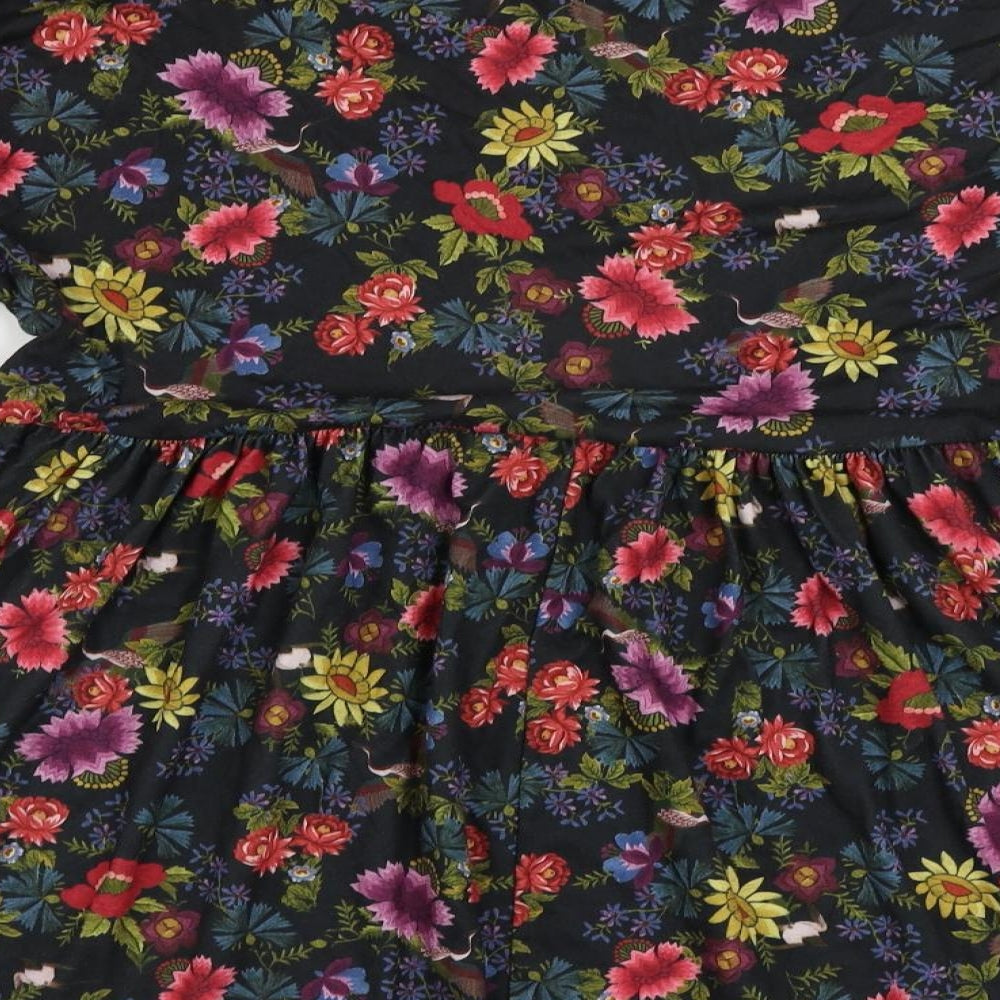 Boohoo Womens Black Floral Polyester Tunic Blouse Size 10 Crew Neck