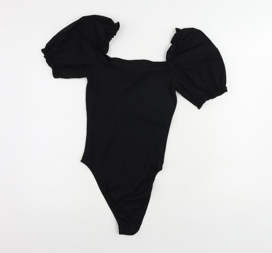 New Look Womens Black Polyester Bodysuit One-Piece Size 8 Snap - Puff Sleeve