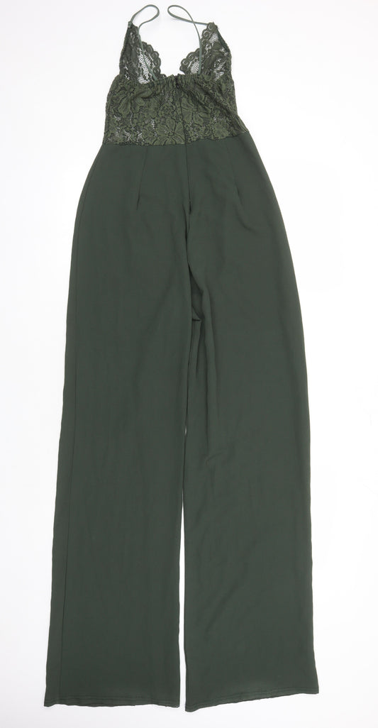 PRETTYLITTLETHING Womens Green Polyester Jumpsuit One-Piece Size 10 L31 in Zip - Lace Detail