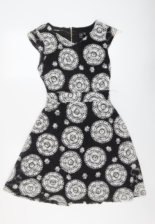 Additional front view of Izabel women’s black geometric nylon a-line, size UK 10, v-neck zip
