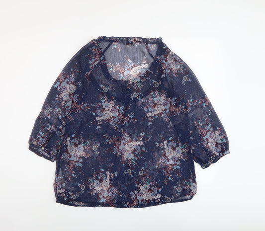 Indigo Womens Blue Floral Polyester Basic Blouse Size 10 Round Neck