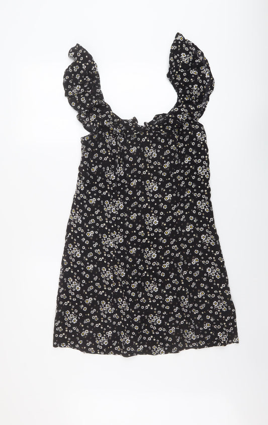 Additional front view of I SAW IT FIRST women’s black floral viscose a-line, size UK 12, round neck zip