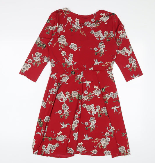 Billie & Blossom Womens Red Floral Polyester A-Line Size 10 Boat Neck Pullover - Keyhole neck