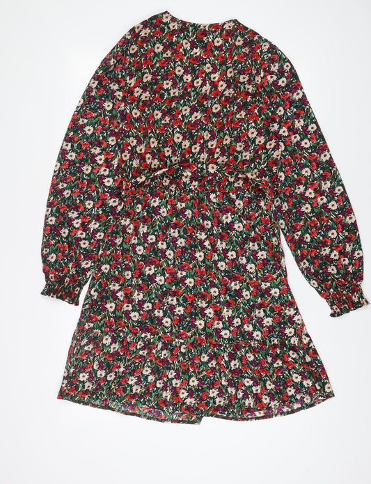 New Look Womens Multicoloured Floral Polyester A-Line Size 10 V-Neck Button - Belted