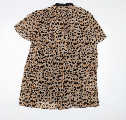 Zara Womens Brown Animal Print Polyester A-Line Size S Crew Neck Zip