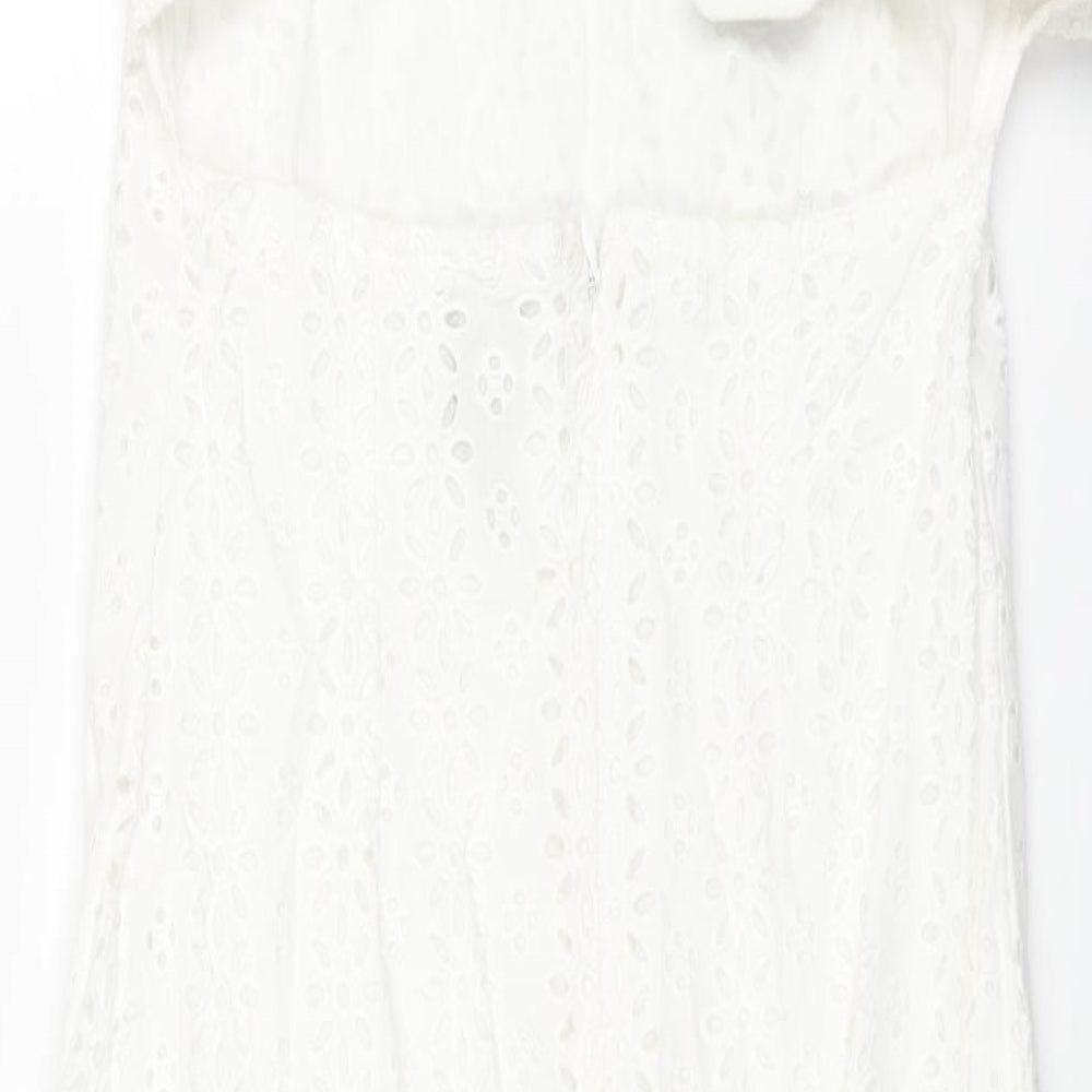 Brand and care label for ASOS women’s white cotton shift, size UK 4, square neck zip - buckle detail floral lace