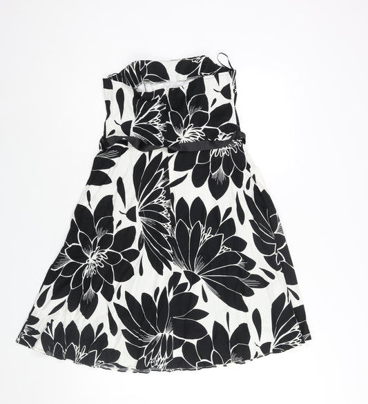 M&Co Womens Black Floral Cotton A-Line Size 12 Square Neck Zip - Belted