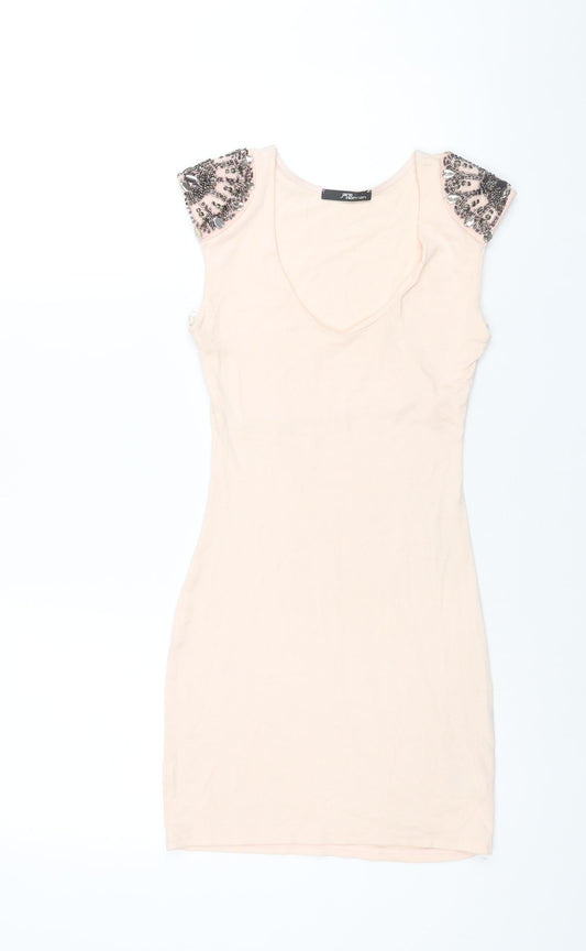 Jane Norman Womens Pink Viscose Mini Size 8 Round Neck Pullover - Beading Detail