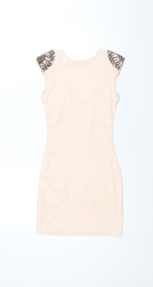 Jane Norman Womens Pink Viscose Mini Size 8 Round Neck Pullover - Beading Detail