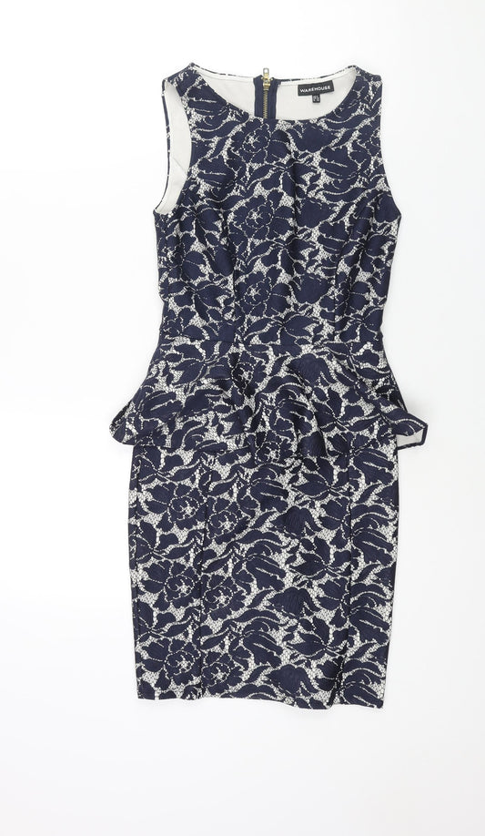 Warehouse Womens Blue Floral Polyester Pencil Dress Size 6 Round Neck Zip - Peplum