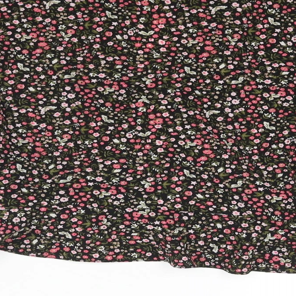Brand and care label for Miss Selfridge women’s multicoloured floral polyester wrap blouse, size UK 6, v-neck - frill