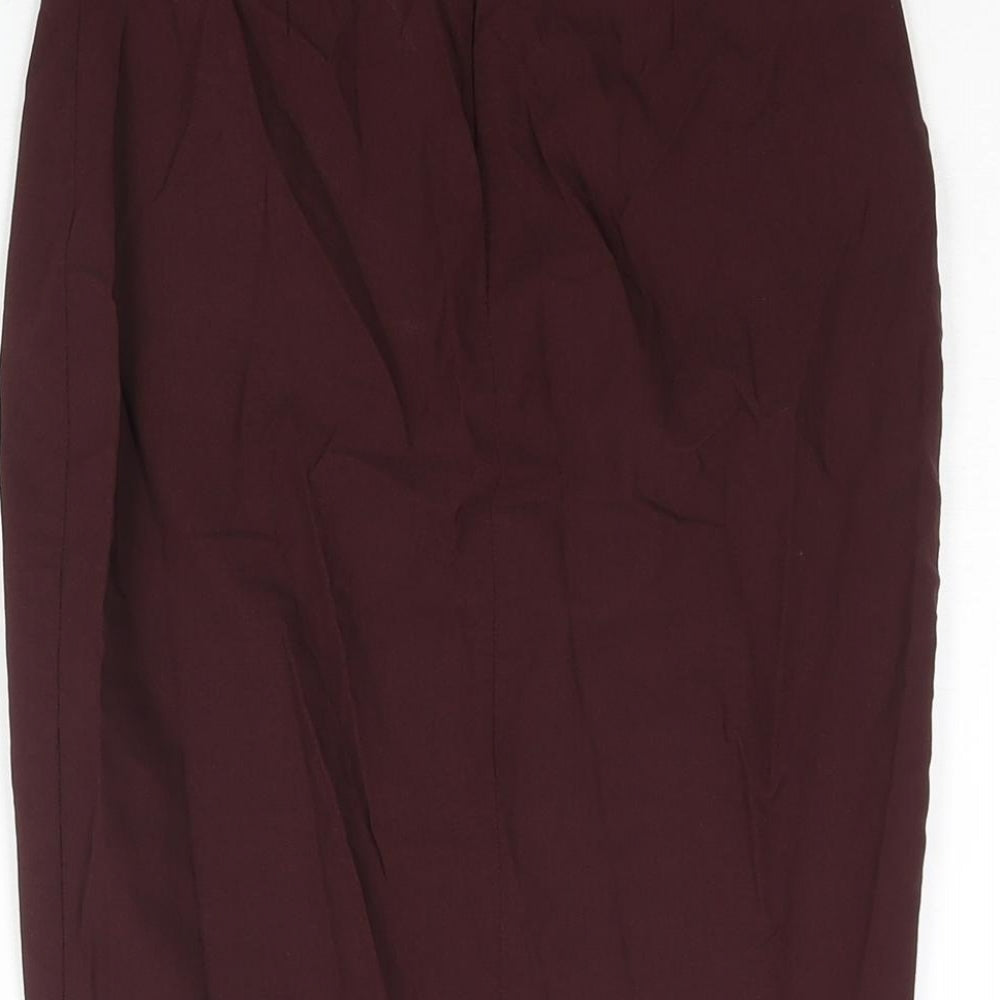 Brand and care label for ASOS women’s purple viscose straight & pencil skirt, size UK 6, zip