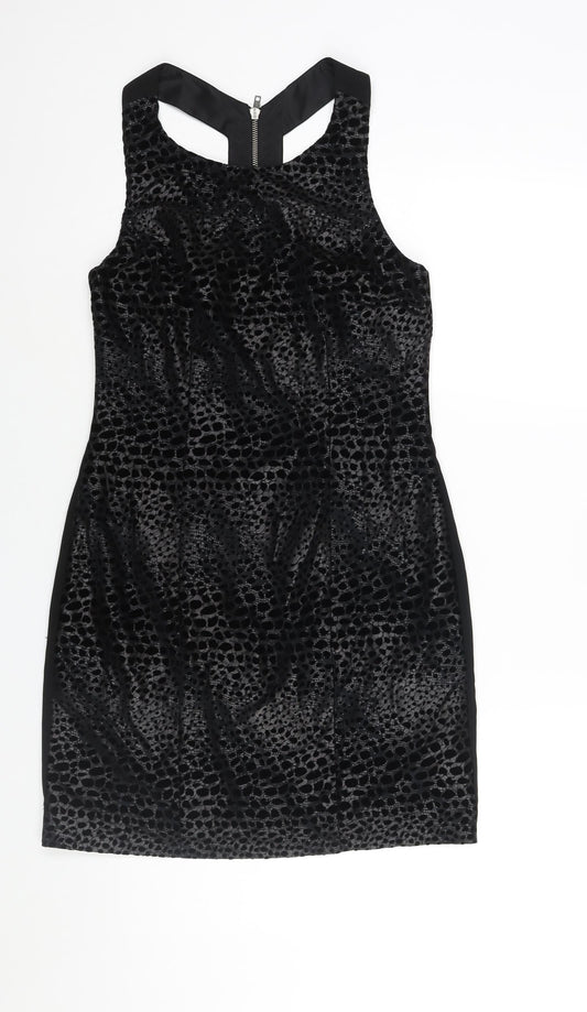 Coast Womens Black Polyester Shift Size 10 Round Neck Zip - Velour Geometric Print