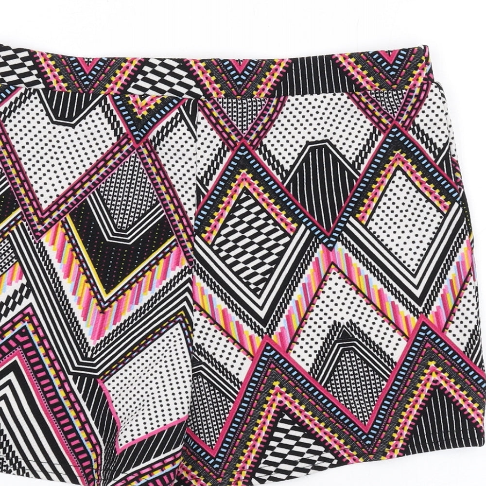 Brand and care label for Missguided women’s multicoloured geometric polyester hot pants shorts, size UK 10, regular pull on