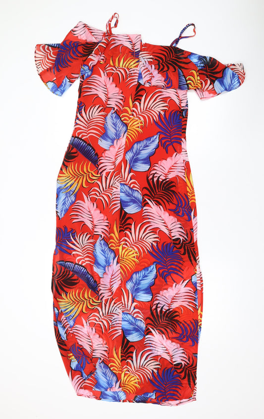 New Look Womens Red Geometric Polyester A-Line Size 6 Off the Shoulder Zip