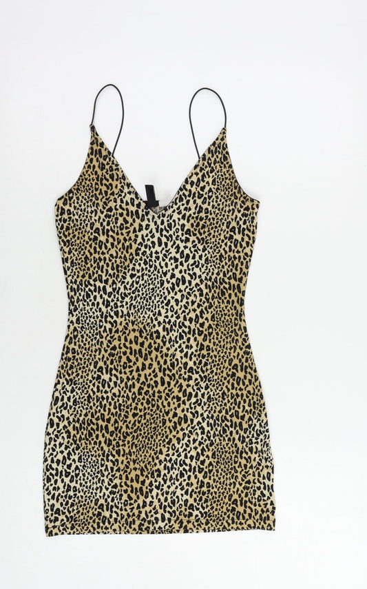 Divided by H&M Womens Beige Animal Print Polyester Bodycon Size 4 V-Neck Pullover