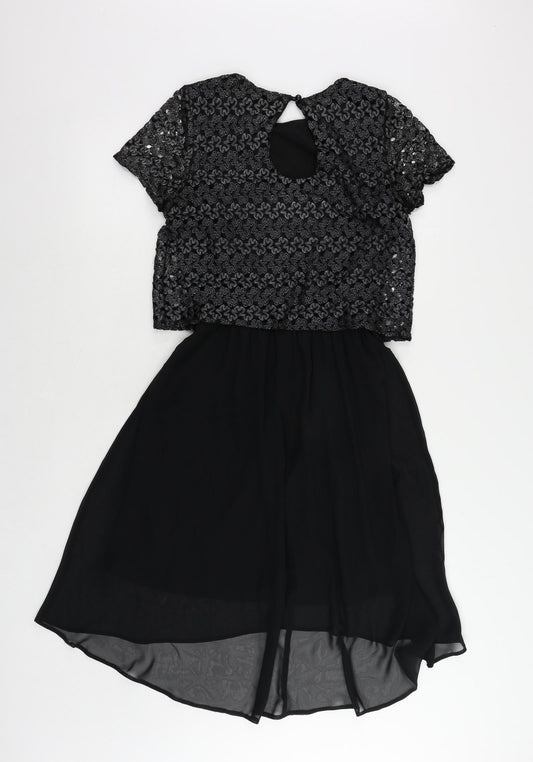 River Island Womens Black Polyester Fit & Flare Size 8 Round Neck Button - Lace Overlay