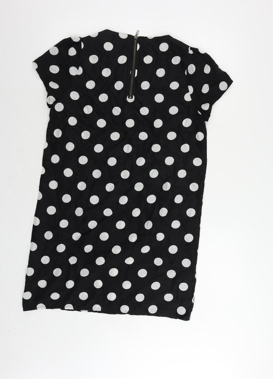 Boohoo Womens Black Polka Dot Polyester Shift Size 10 Round Neck Zip