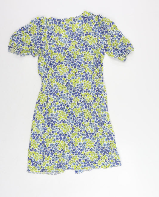 New Look Womens Blue Floral Viscose A-Line Size 6 V-Neck Button