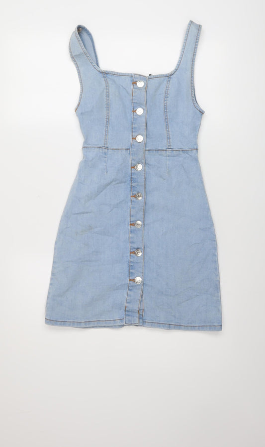 Additional front view of Denim & Co. women’s blue cotton a-line, size UK 6, round neck button