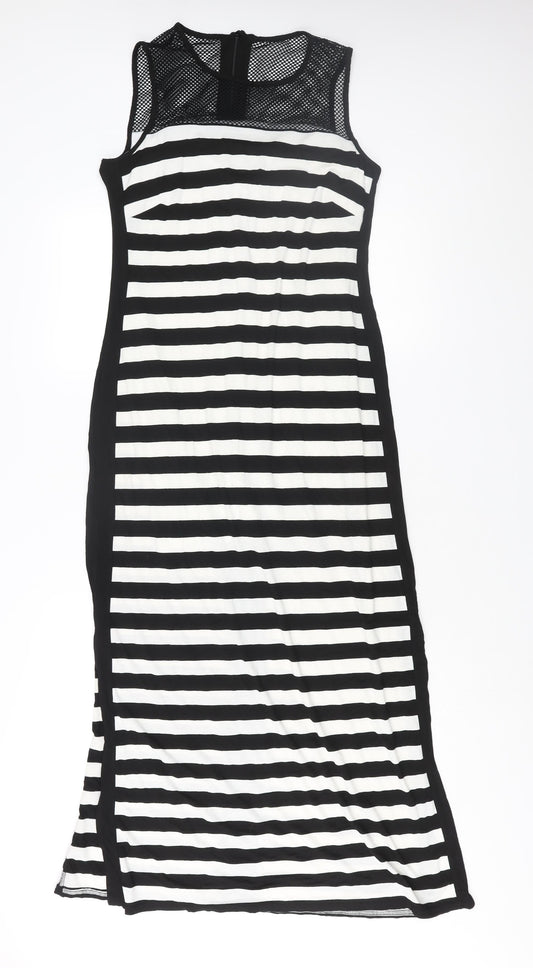 Additional front view of Roman women’s black striped polyester maxi, size UK 10, round neck zip - fishnet detail