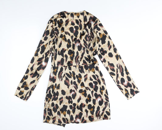 PRETTYLITTLETHING Womens Beige Animal Print Polyester Shift Size 10 V-Neck Zip - Leopard Print