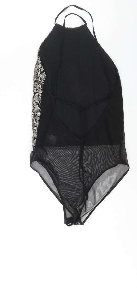 Topshop Womens Gold Nylon Bodysuit One-Piece Size 8 Snap - Sequin Open Back