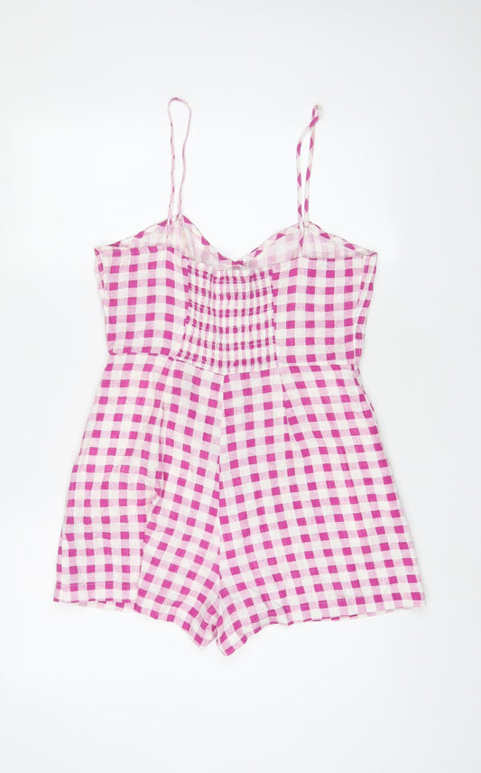 Zara Womens Purple Plaid Linen Playsuit One-Piece Size M Button - Pleated