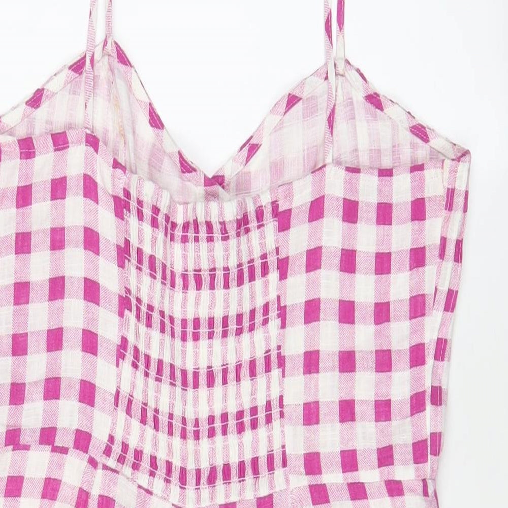 Zara Womens Purple Plaid Linen Playsuit One-Piece Size M Button - Pleated