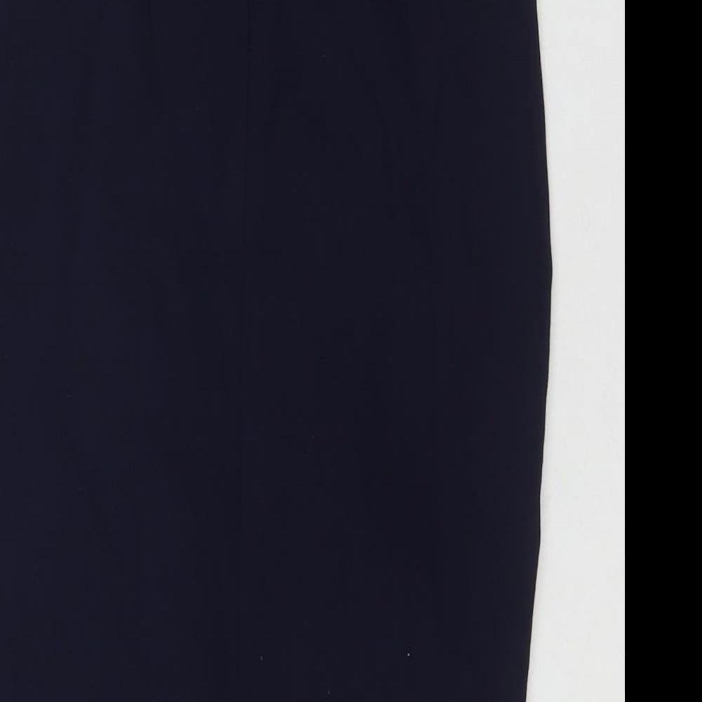 Brand and care label for ASOS women’s blue polyester bandage skirt, size UK 8, zip