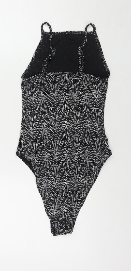 Divided by H&M Womens Black Geometric Polyamide Bodysuit One-Piece Size XS Snap - Glitter Detail