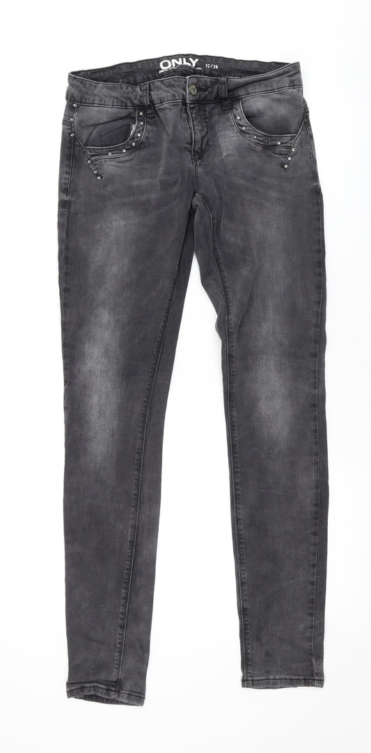 Additional front view of Only women’s grey cotton skinny jeans, size UK 31, in, 32-inch leg regular zip