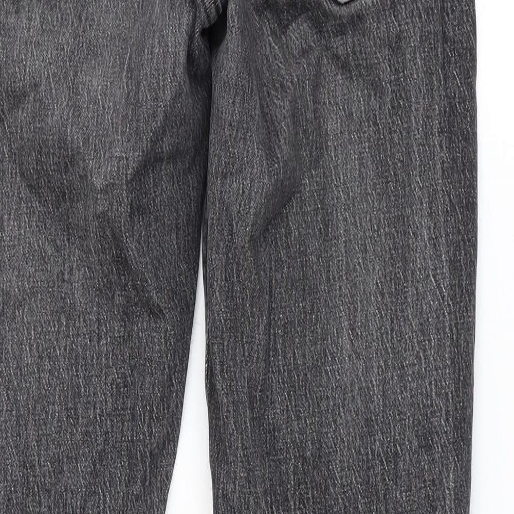 Brand and care label for ASOS men’s grey cotton straight jeans, size 30, in, 30-inch leg regular zip