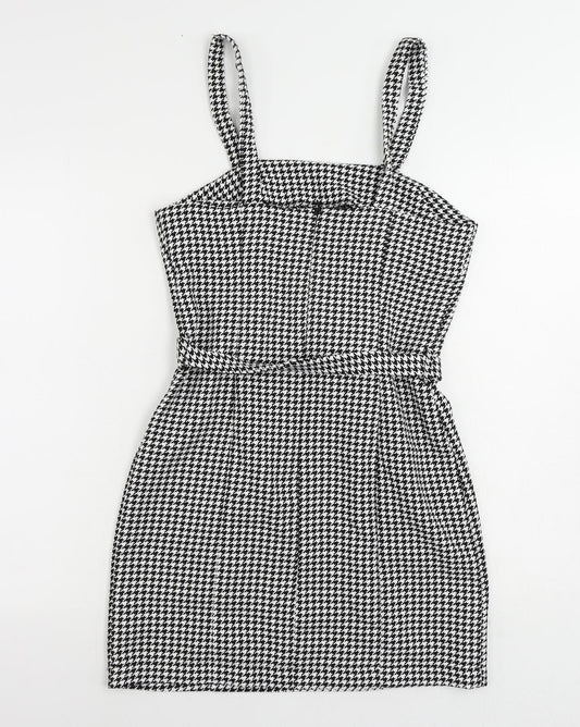 New Look Womens Black Geometric Polyester Mini Size 8 Square Neck Zip - Belted