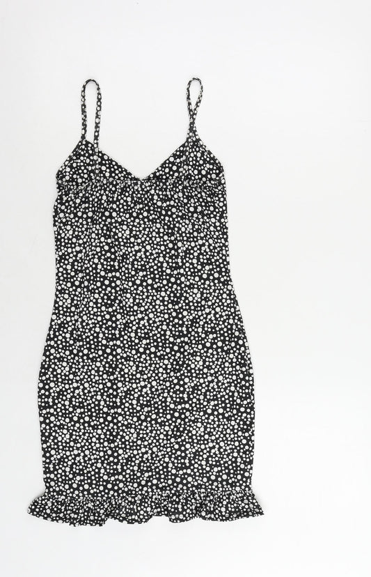 PRETTYLITTLETHING Womens Black Polka Dot Polyester Mini Size 4 V-Neck Pullover - Ruffle