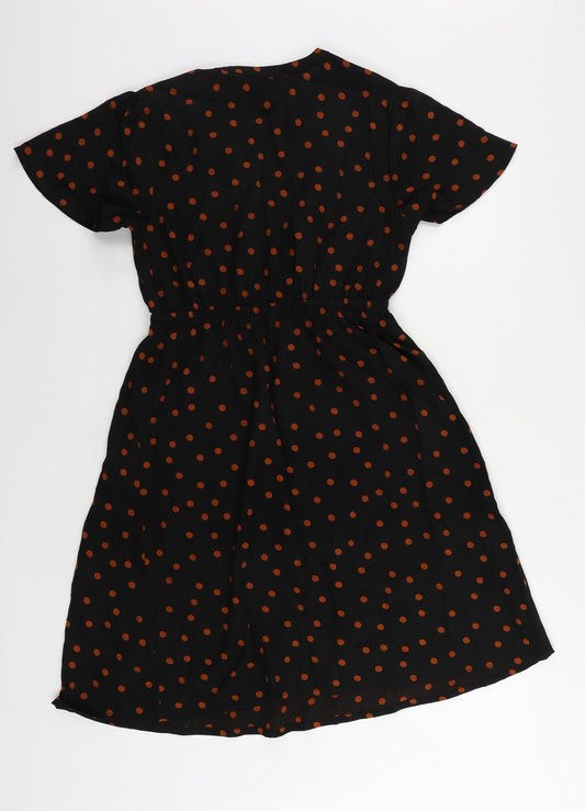 New Look Womens Black Polka Dot Polyester A-Line Size 8 V-Neck