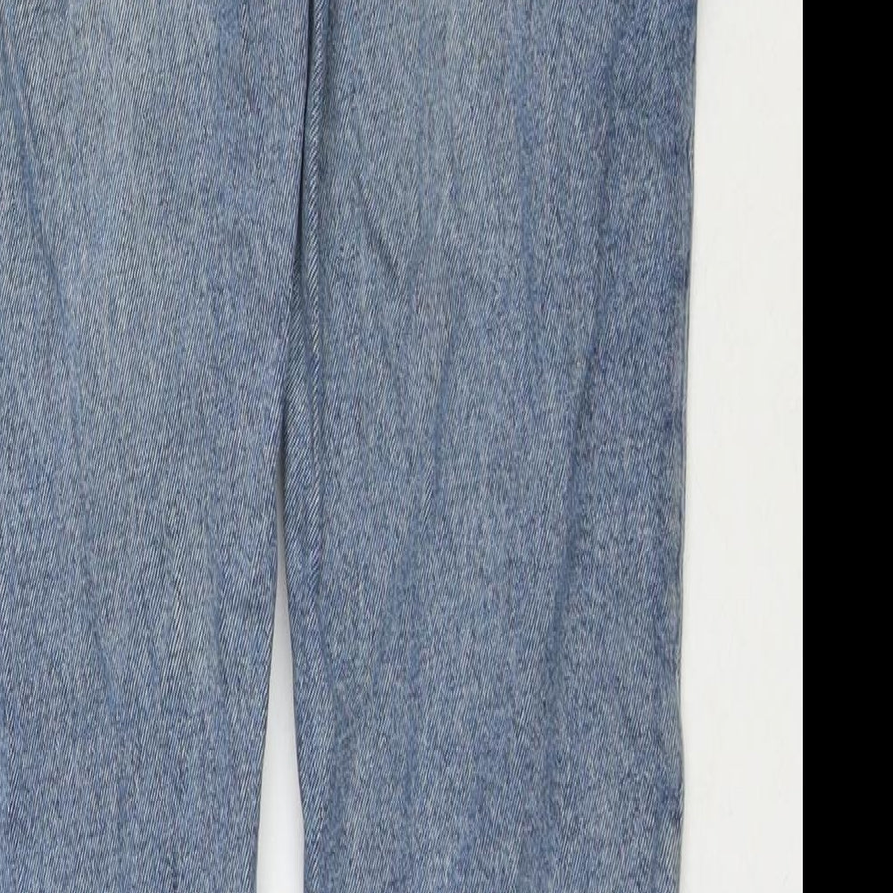Brand and care label for ASOS men’s blue cotton skinny jeans, size 30, in, 32-inch leg regular zip